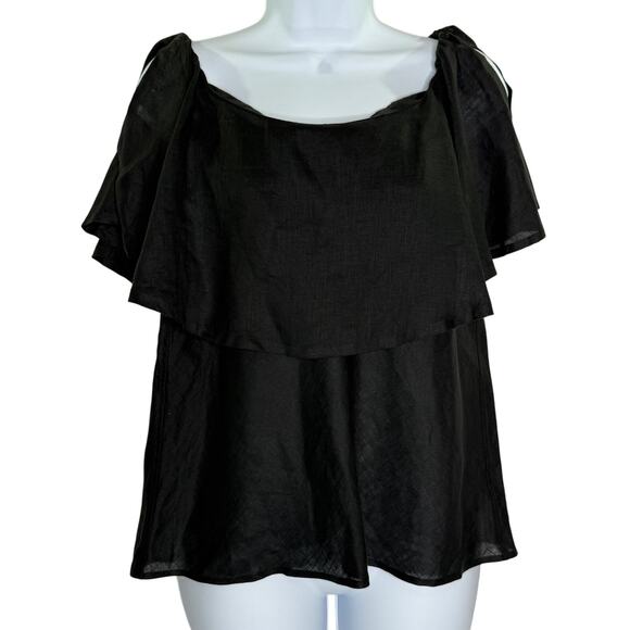 Yves Saint Laurent Rive Gauche USL Vintage Black Linen Ruffle Top Split Sleeve - Picture 1 of 9